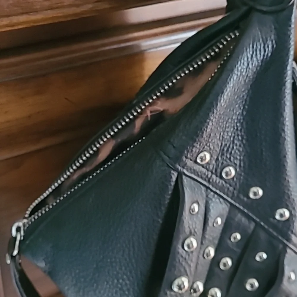 B Makowsky Black Leather Studded Fringed Hobo Bag